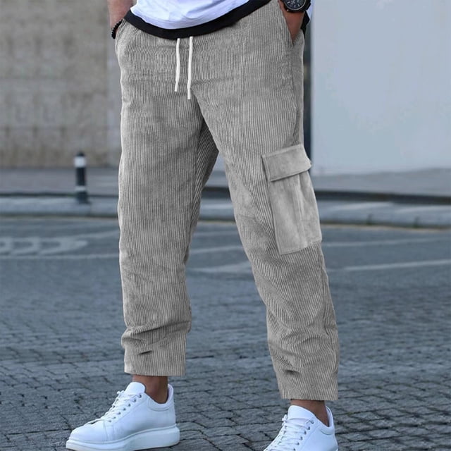 Pantalones largos de pana para hombre, informales, de moda, de color liso, con bolsillos, cordón y cintura elástica.