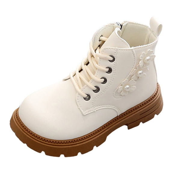 PFWOWB Girls Combat Ankle Boots Lace-Up Pearl Flower Booties with Side Zipper and Lug Sole (White,13)