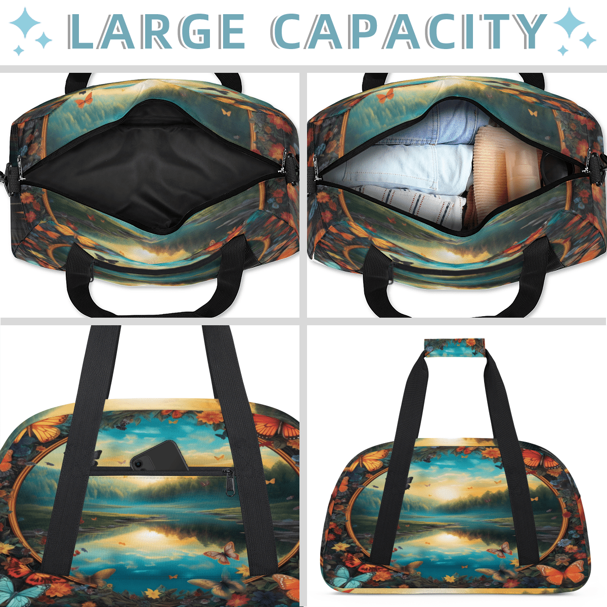 Herdesigns Landscape Sports Duffle Bag for Women & Men, Butterfly Gym Bag Dance Bag Overnight Bag Carry On Weekender Travel Bag