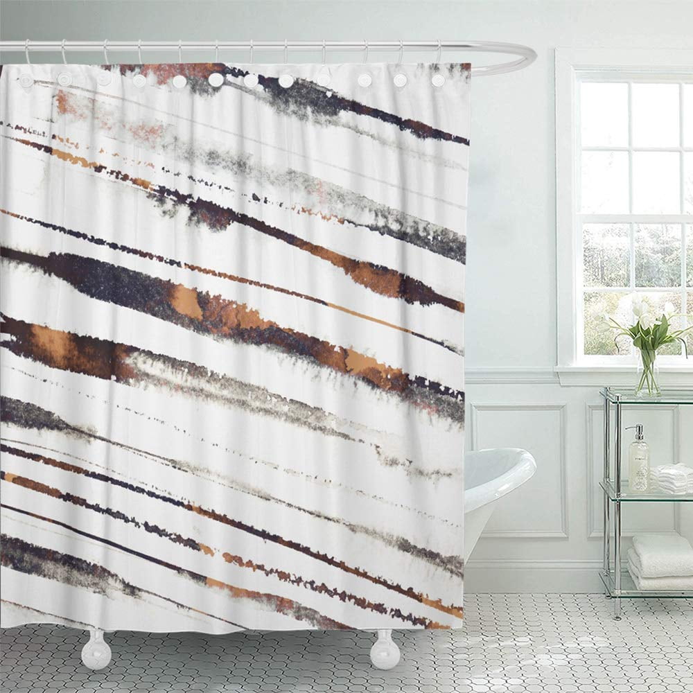 Libin Black Ink Watercolor Diagonal White Stripes Subtle Abstract Brown Brush Shower Curtain 60x72 inch