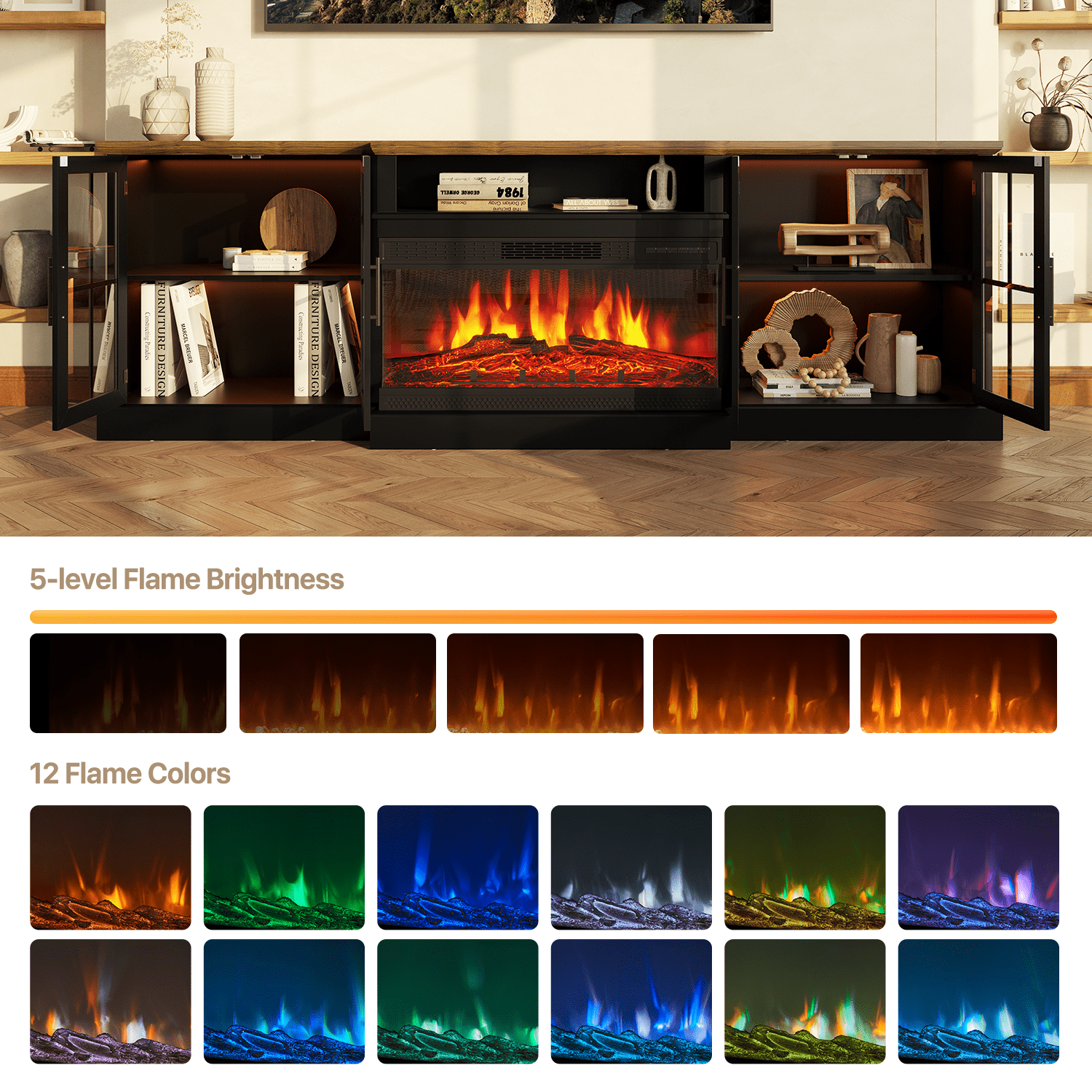 BaPiPro 98" Farmhouse TV Stand with Fireplace for TVs up to 100", Black Fireplace TV Stand Media Entertainment Center with Large Storage Cabinets for Living Room, Black
