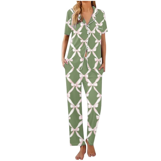 Sexy Pijama Conjunto para las Mujeres Impreso Bolsillo Pantalones de Manga Corta, Traje Suelto Casual para el Hogar Y el Salón