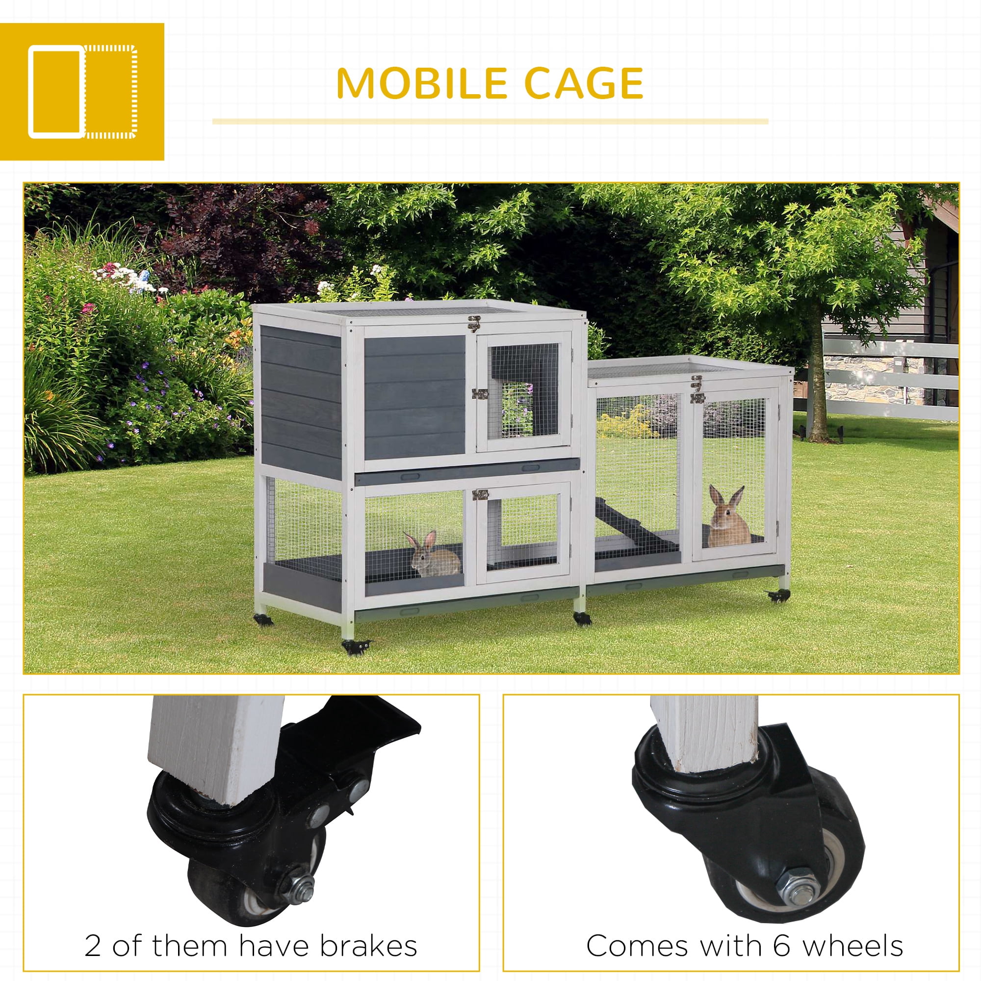 PawHut Wooden Rabbit Hutch Bunny Hutch Elevated Pet House Cage Small Animal Habitat with Tray Door Openable Top for Indoor 57.75" x 18" x 32.5" Gray