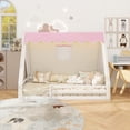 thumbnail image 2 of Twin Size House Floor Bed with Tent and Light, Solid Wood Teepee Floor Bed with Full-length Guardrails, Montessori and Childlike Design, White+Pink, 2 of 11