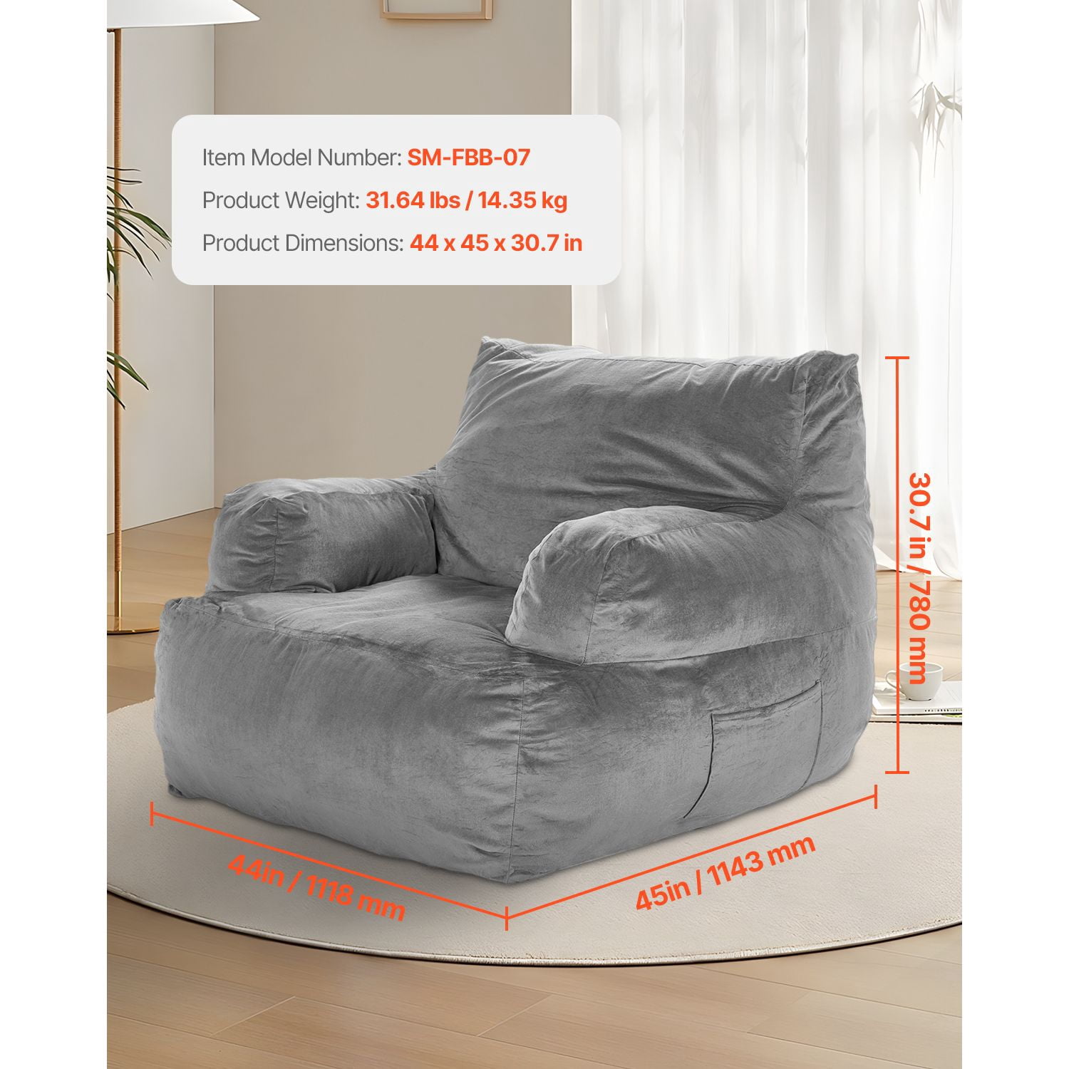 Adult Bean Bag Chair with Armrests – Oversized Plush Sofa Chair with High-Density Foam Filling – Grey Lazy Chair for Living Room, Bedroom & Game Room – Soft Microfiber Cover with Zipper