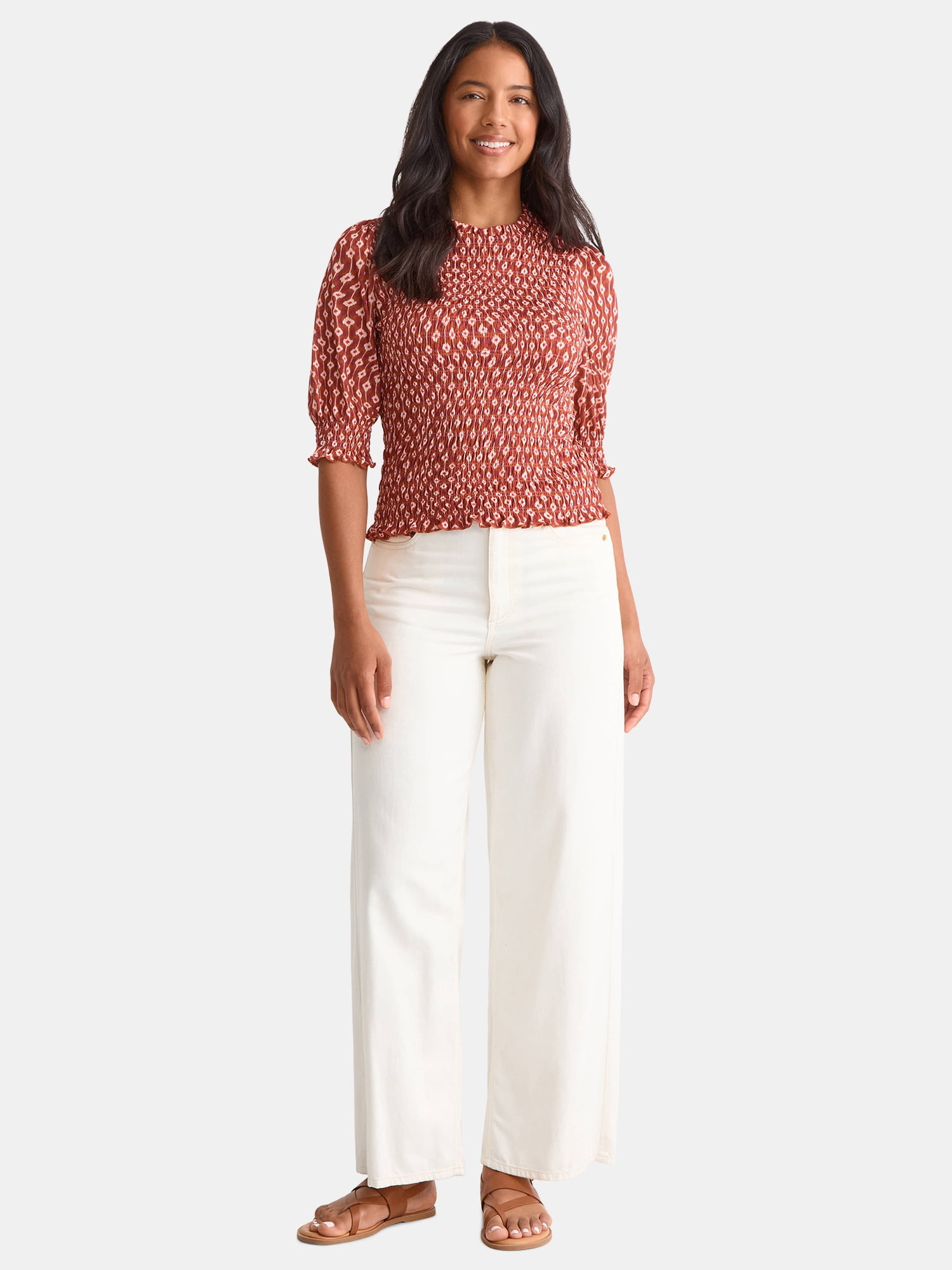 Time and Tru Women's Smocked Mesh Top, Sizes XS-XXXL