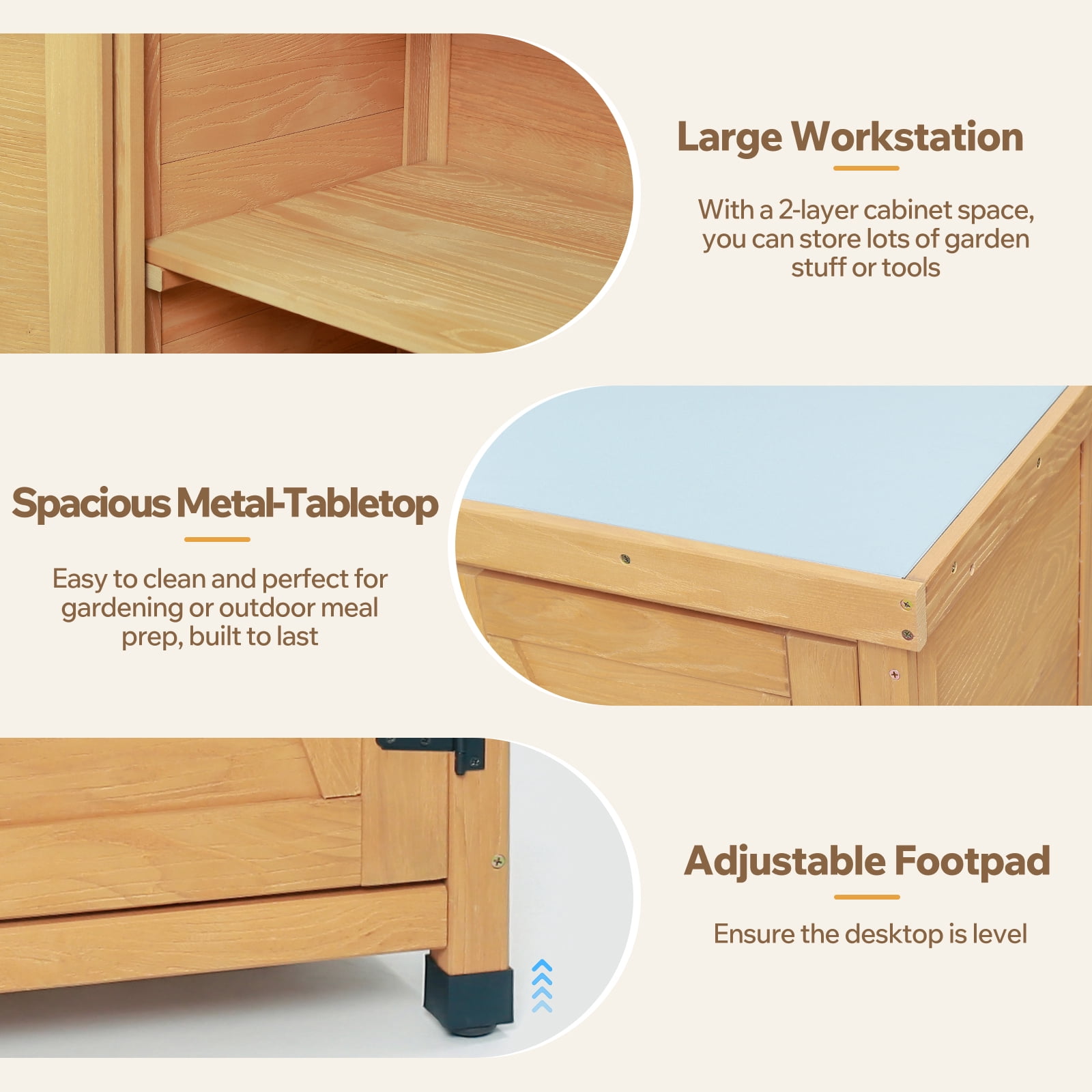 Potting Bench with Storage Cabinet, Metal Table Top for Outdoor Patio Outdoor Work Station, Gray
