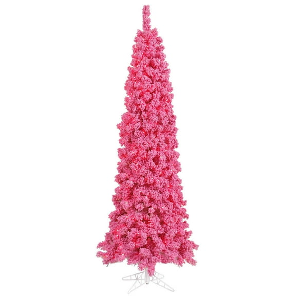 Vickerman 9' Flocked Pink Slim Fir Artificial Christmas Tree, Unlit - Snow Covered Faux Pink Tree - Seasonal Indoor Home Decor