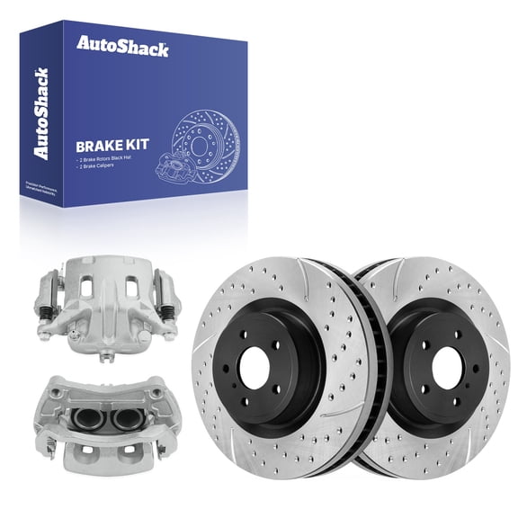 AutoShack Front Brake Rotors & Calipers for INFINITI & Nissan, G37 2011 370Z 2009-2013 Q70 2014-2018, AWD RWD V6 3.5L 3.7L - E-Coated Drilled & Slotted - ShadowGuard - 13.98" (355 mm), 5-Lug