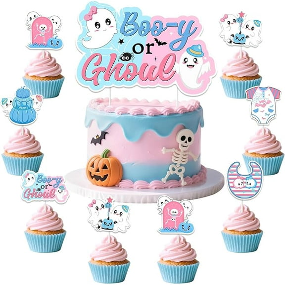 Halloween Gender Reveal Decorations 25Pcs Boo-y or Ghoul Cake Cupcake Toppers Halloween Gender Reveal Cake Decor Cute Ghost Bat Skeleton Pumpkin Little Boo Cupcake for Spooky Baby Shower