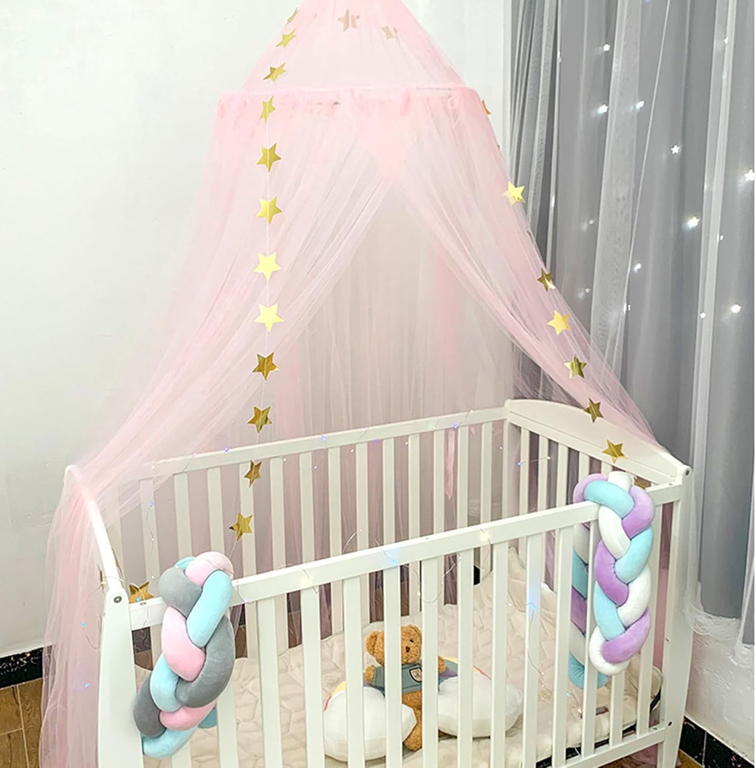 Kids Bed Canopy with Stars:Breathable Canopy Bed Curtains,Hanging Net Crown Bed Tent,Princess Room Decor for Kid's Room,Nursery,Reading Nook (Pink)