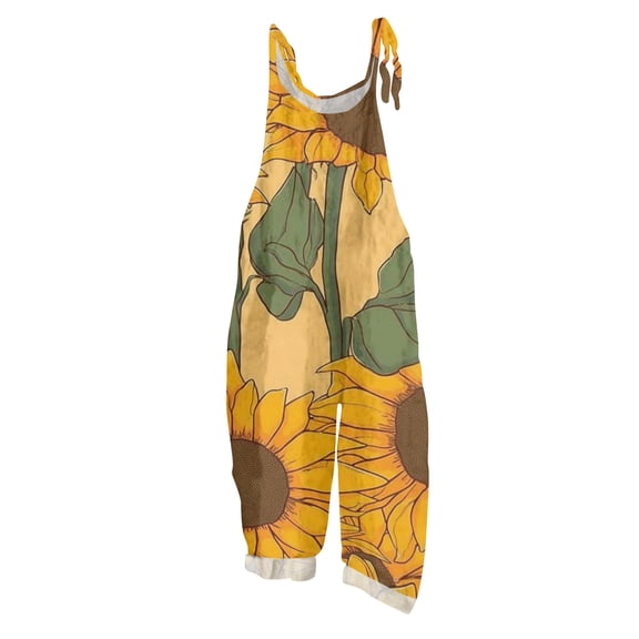 JULMCOMO Cotton Linen Jumpsuits for Women Floral Print Tie Strap Baggy Summer Outfits Scoop Neck Vacation Comfy Casual Jumpsuits Saffron L