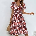 thumbnail image 5 of Usmixi Summer Dresses for Women Beach Empire Waist Flowy Swing A Line Midi Sun Dresses Short Sleeve V-Neck Leaves Print Knee-Length 2025 Casual Dress Wine s Under $5, 5 of 7