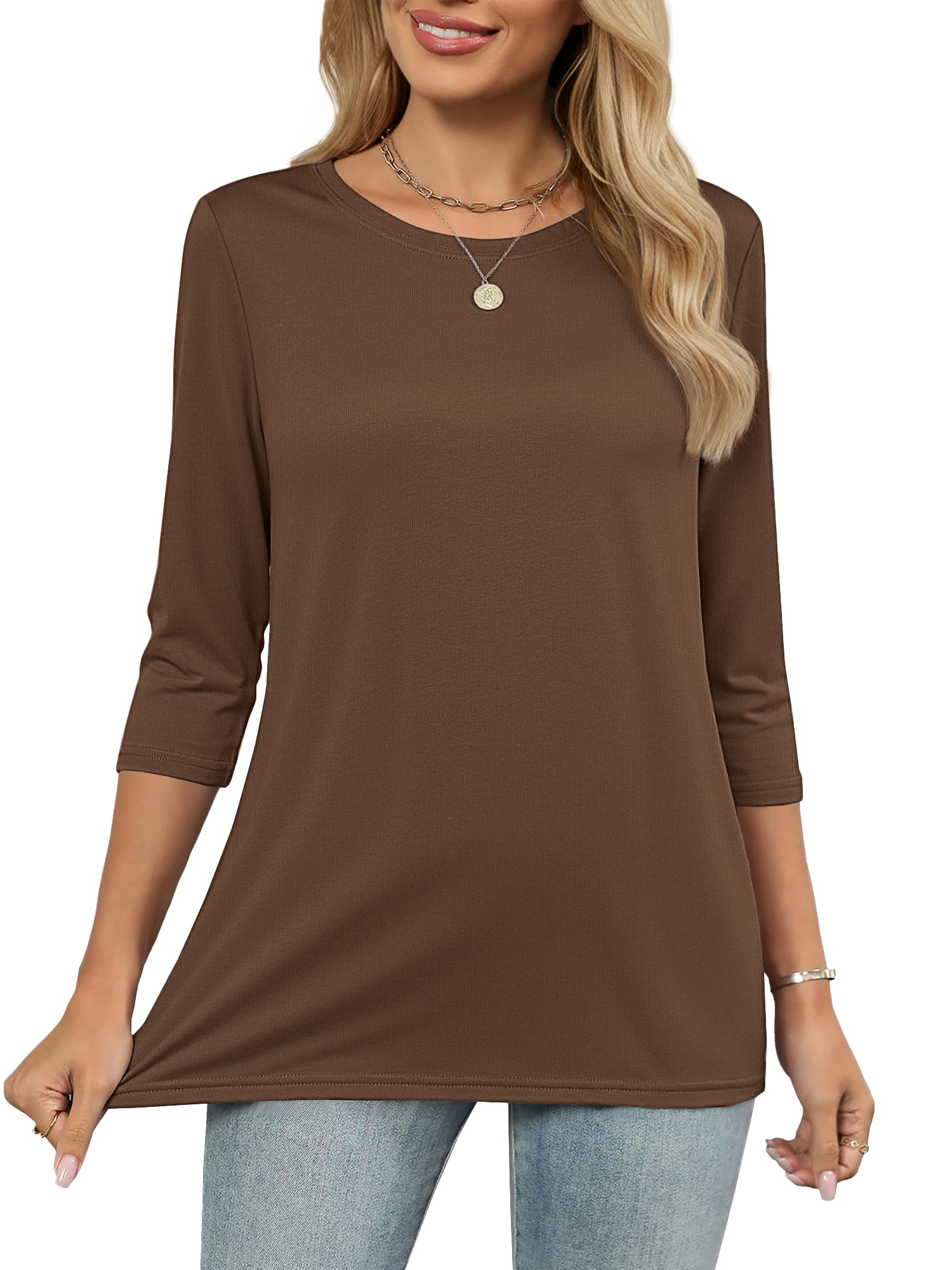 MOSHU 3 Pack 3/4 T Shirts for Womens Crew Neck Womens Shirts Dressy Basics Tees Casual Loose Fit Fall Tops
