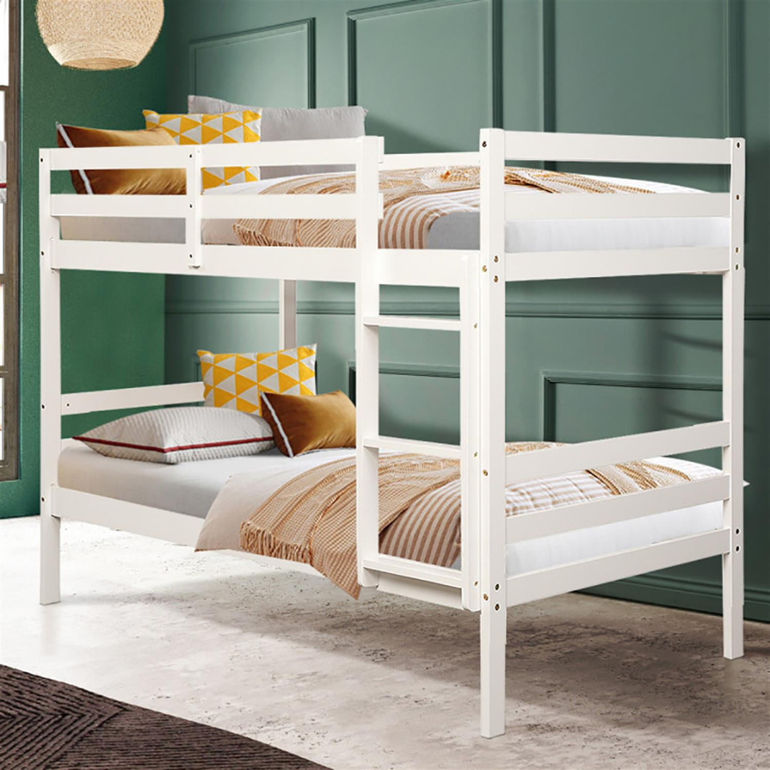 Demi Bonn Twin Size Over Wood Bunk Bed with Ladder and Safety Rail, Twin Sturdy Bunk Beds, White