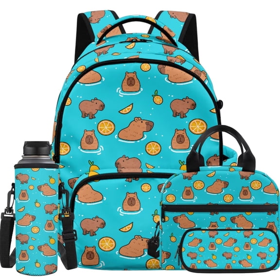 KUIFORTI Capybara Lemon Backpack for Girl School Bag and Lunch Box Kid Backpack Set of 4 Pencil Bags Water Bottle Sleeve for Elementary Primary Middle School Student Supplies
