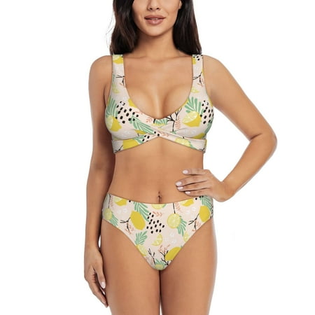 Ocsxa Lemon Leaves Pattern Women s Bikini Swimsuit Front Cross Two Piece Bathing Suit-XX-Large