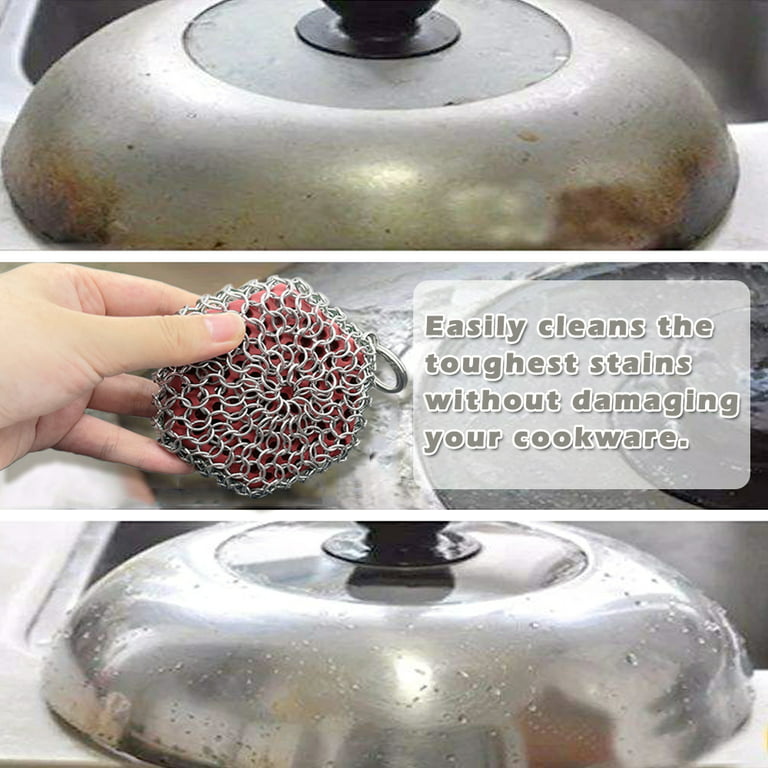 Cast Iron Skillet Cleaner,316 Stainless Steel Chainmail Cleaning Scrubber,built-in  Silicone Scrubberfor Kitchen Cookware Bbq Tools,dishwasher Safe