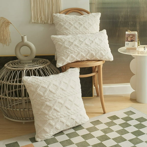 Zhuge Plush Geometric Pillow Cushion Cover Pillow Waist Pillowcase Sofa Without core Stripe Pillowcase,17*17inch White