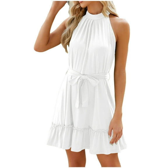 Halter Mini Dress Womens 2025 Keyhole Tie Back Casual Beach Ruffle Hem Short Dress with Belt Summer A Line Dress (XL, White)
