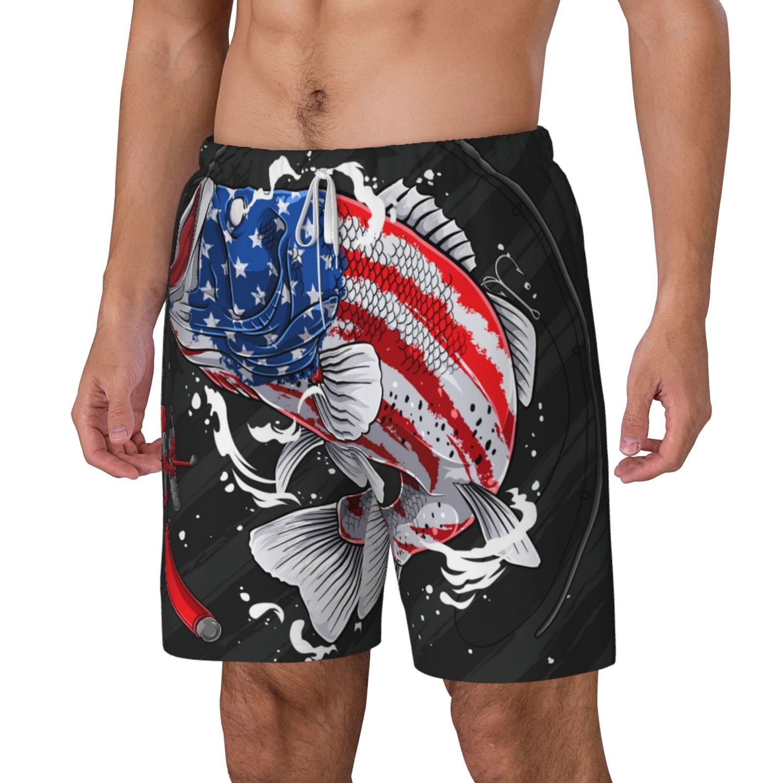 Xecao Largemouth Bass Fish in USA for Men's Swimming Trunks Swim Trunks Quick Dry Swim Shorts with Mesh Lining Funny Swimwear Bathing Suits