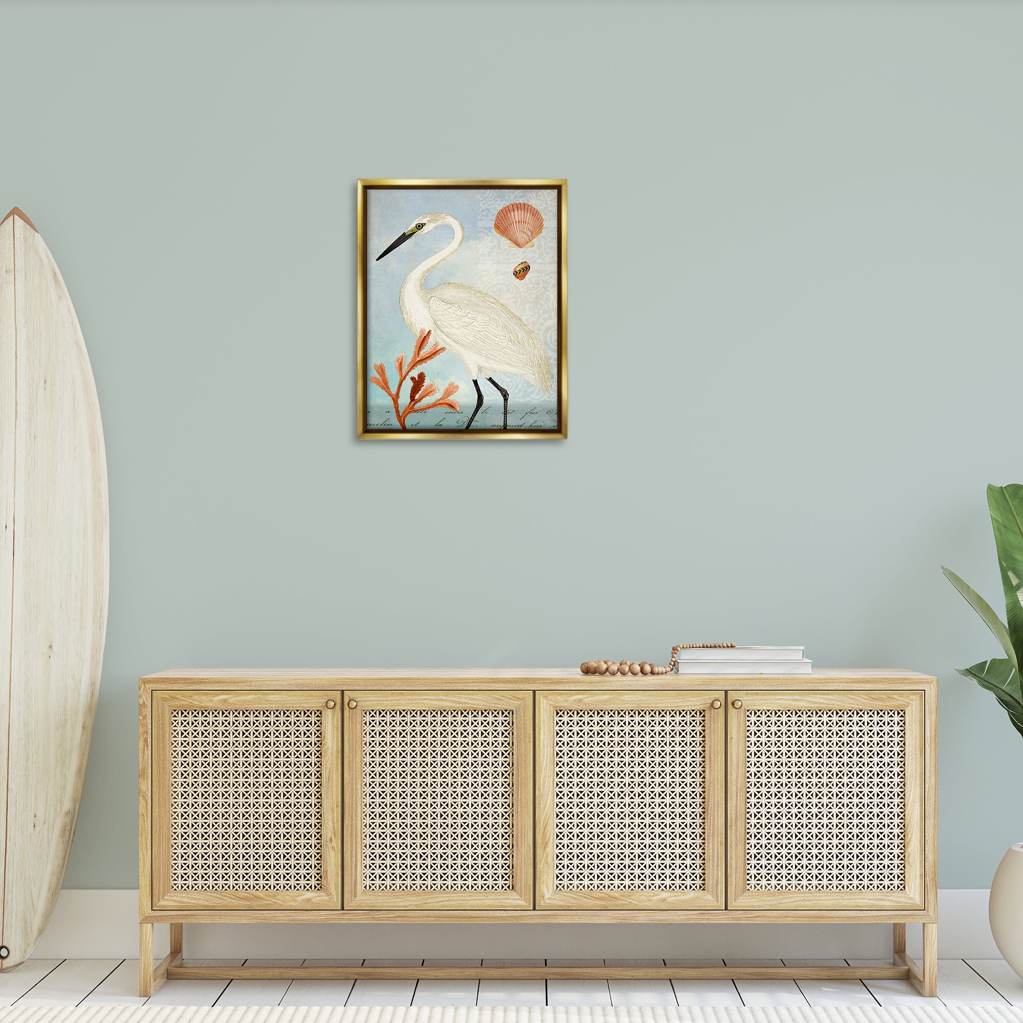 Stupell Industries Traditional Egret Aquatic Motif Animals & Insects Painting Gold Floater Framed Canvas Art Print Wall Art, 25 x 31