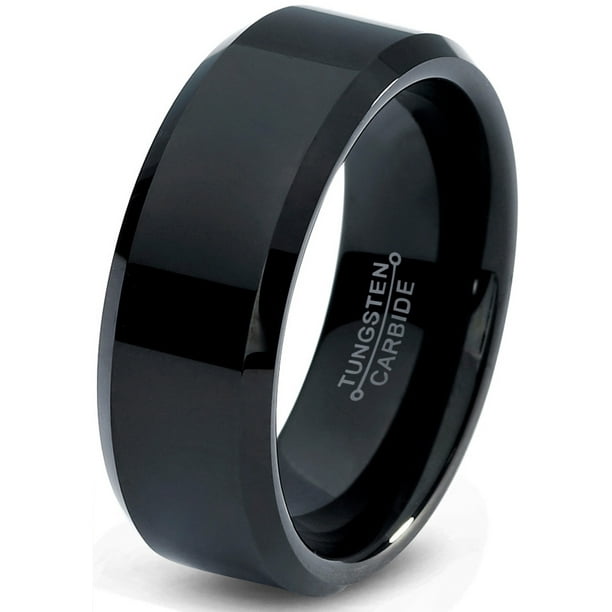 Tungsten Wedding Band Ring 8mm for Men Women Comfort Fit Black Beveled Edge Polished Lifetime Guarantee