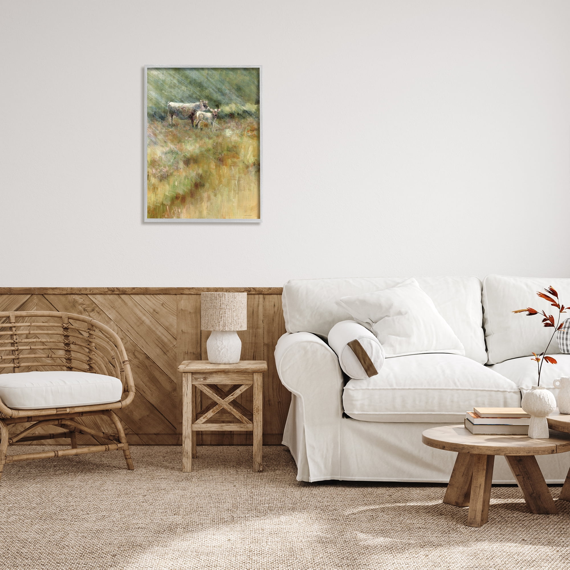Stupell Sunlit Cattle Grazing Field Landscape Painting Gray Framed Art Print Wall Art