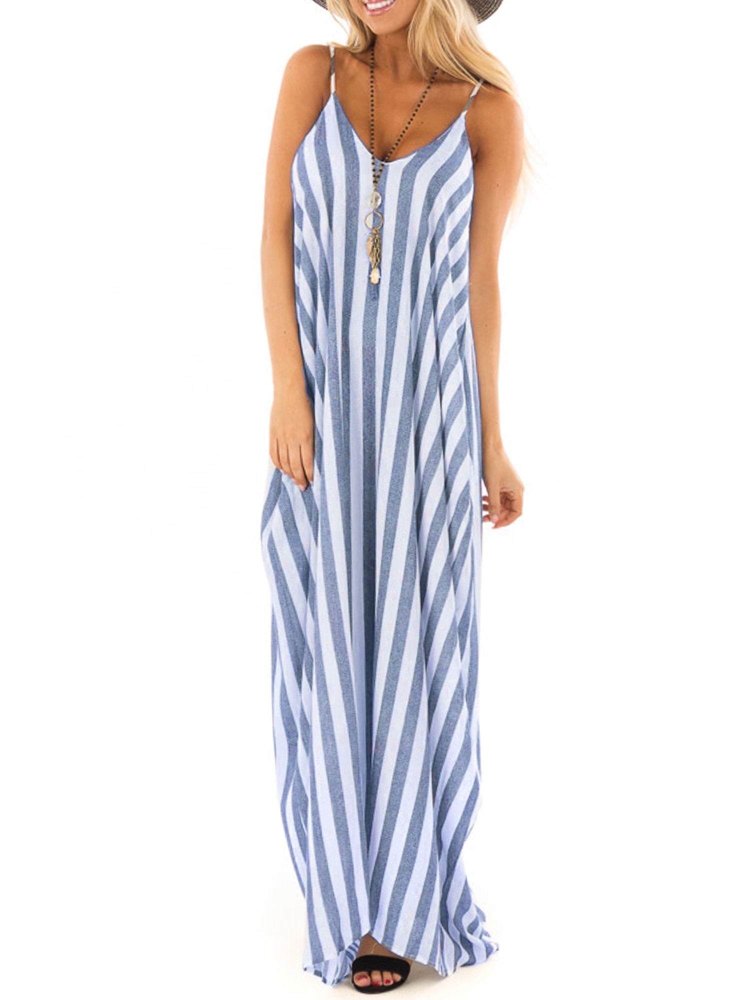Floor-Length Loose Mini O-Neck Summer Beach Party Casual Sundress Women Sleeveless Striped Dress
