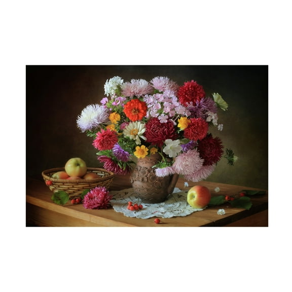Canvas Wall Art - Tatyana Skorokhod 'Still Life With A Bouquet Of Flowers And Apples' Wall Art for Living Room, Bedroom, or Office D?cor by Trademark Fine Art - 19 x 12 Inches