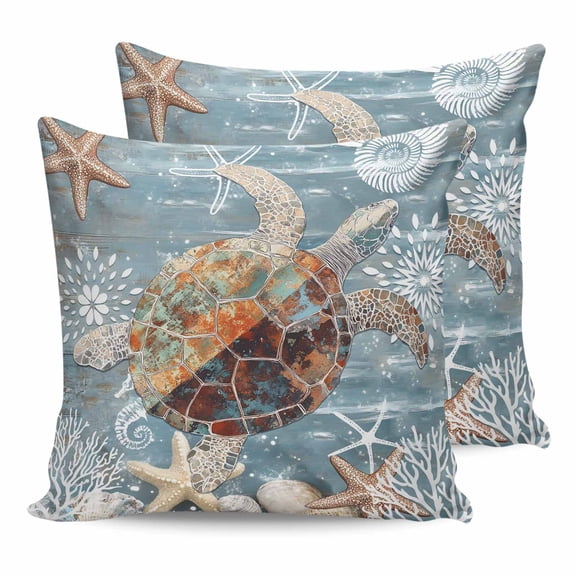 14x14 Pillow Covers Set of 2, Blue Sea Turtle Coastal Throw Pillow Covers Decorative Couch Cushion Case, Summer Beach Nautical Starfish Coral Microfiber Square Pillowcases for Bedroom Car Living Room