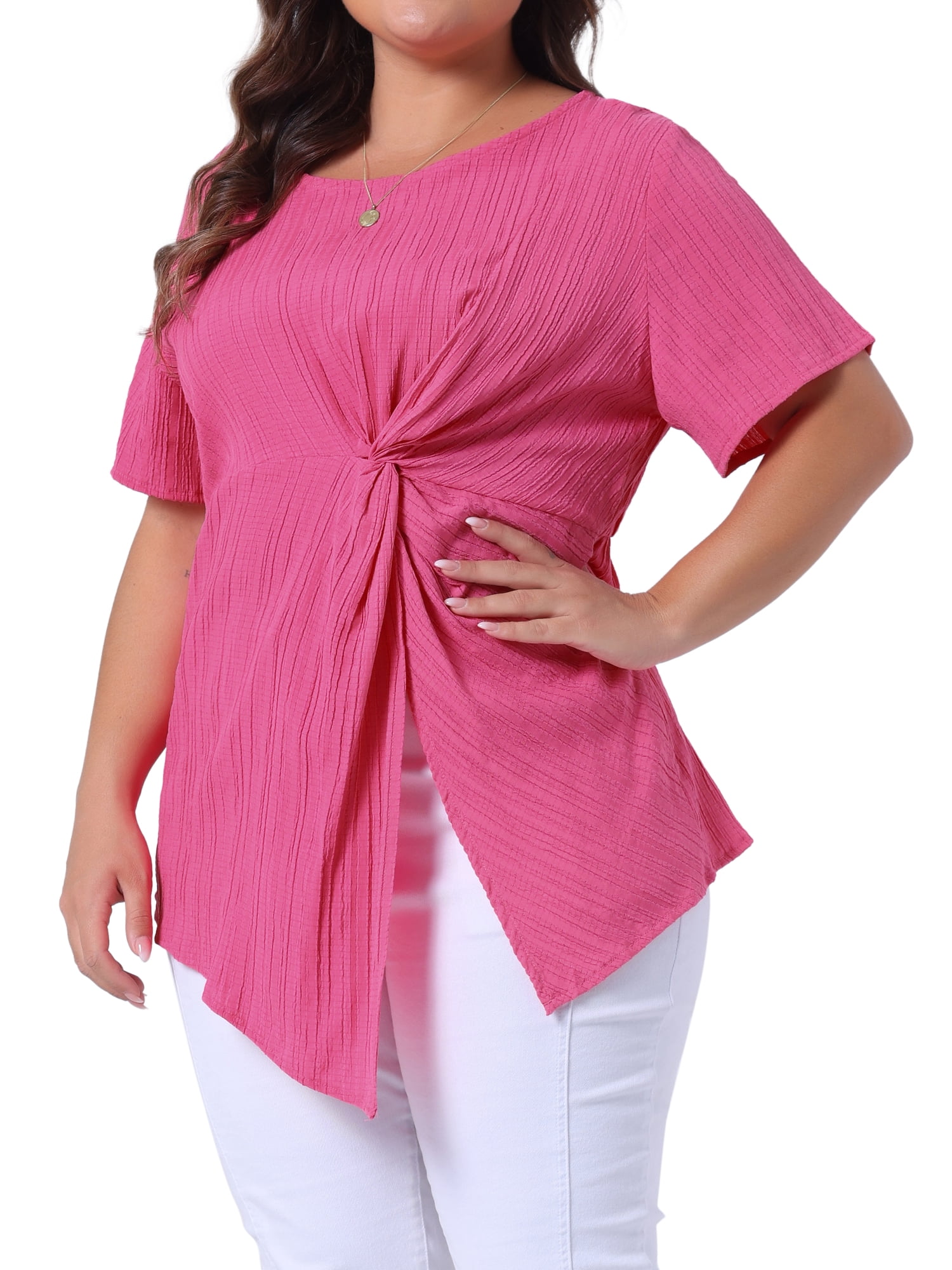 DARING DIVA Women's Plus Round Neck Asymmetrical Hem Twist Knot Top 3X Rose Red
