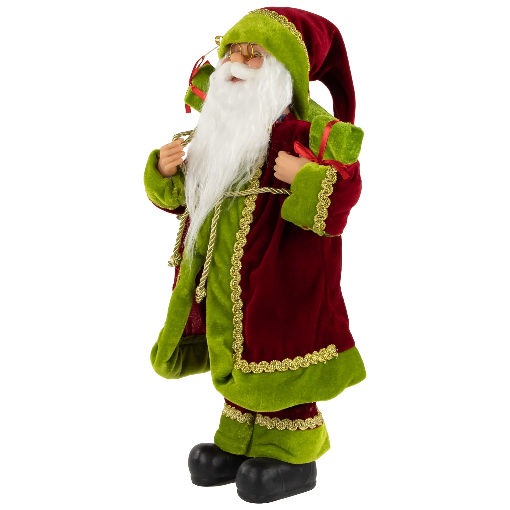 16" Grand Imperial Red Green and Gold Standing Santa Claus Christmas Figure with Gift Bag