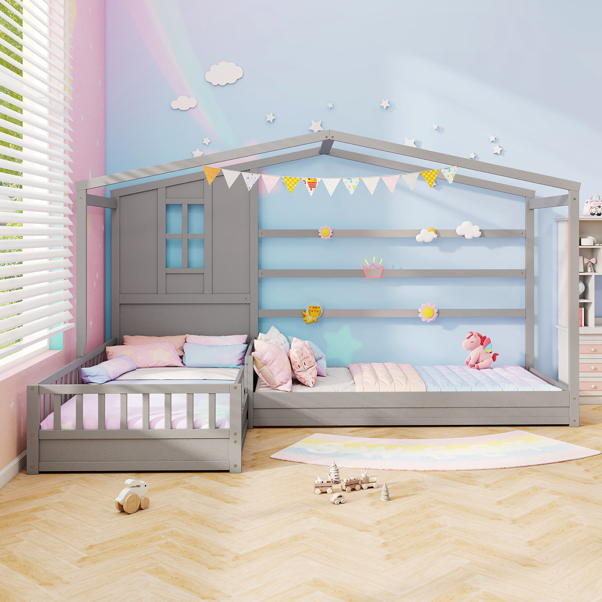 Gymax L-shaped Double Twin Beds House Platform Beds w/ Window & Fences ray Gray