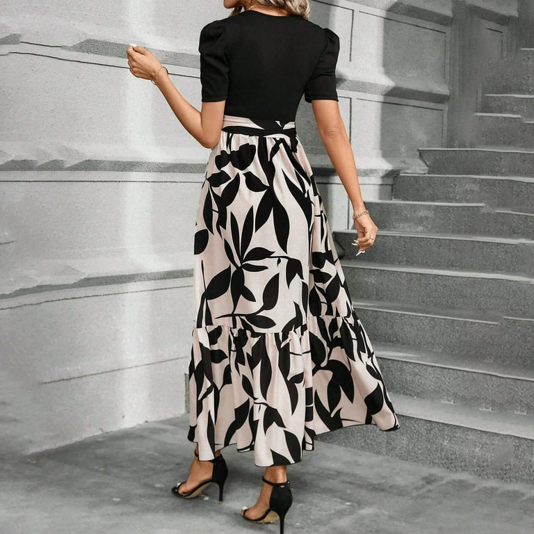 TQWQT Maxi Dresses for Women Short Sleeve Teacher Dress Office Work Dresses  Floral Print Trendy Long Patchwork Ruffle Hem A Line Dress Formal Office  Attire Light Gray M - Walmart.com