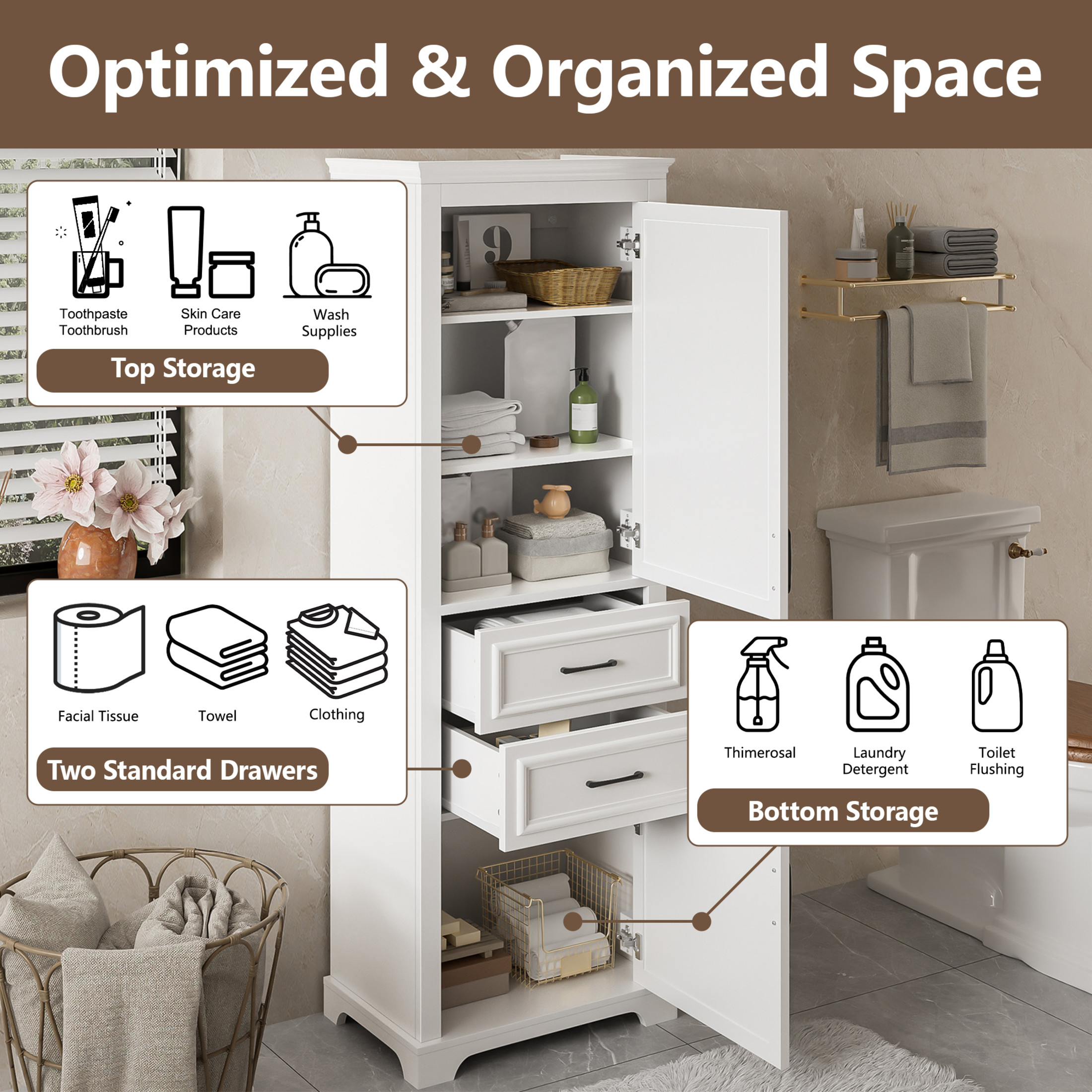Noble House 71" Freestanding Bathroom Cabinet with Soft-Close Doors, 2 Drawers, Adjustable Shelves, White