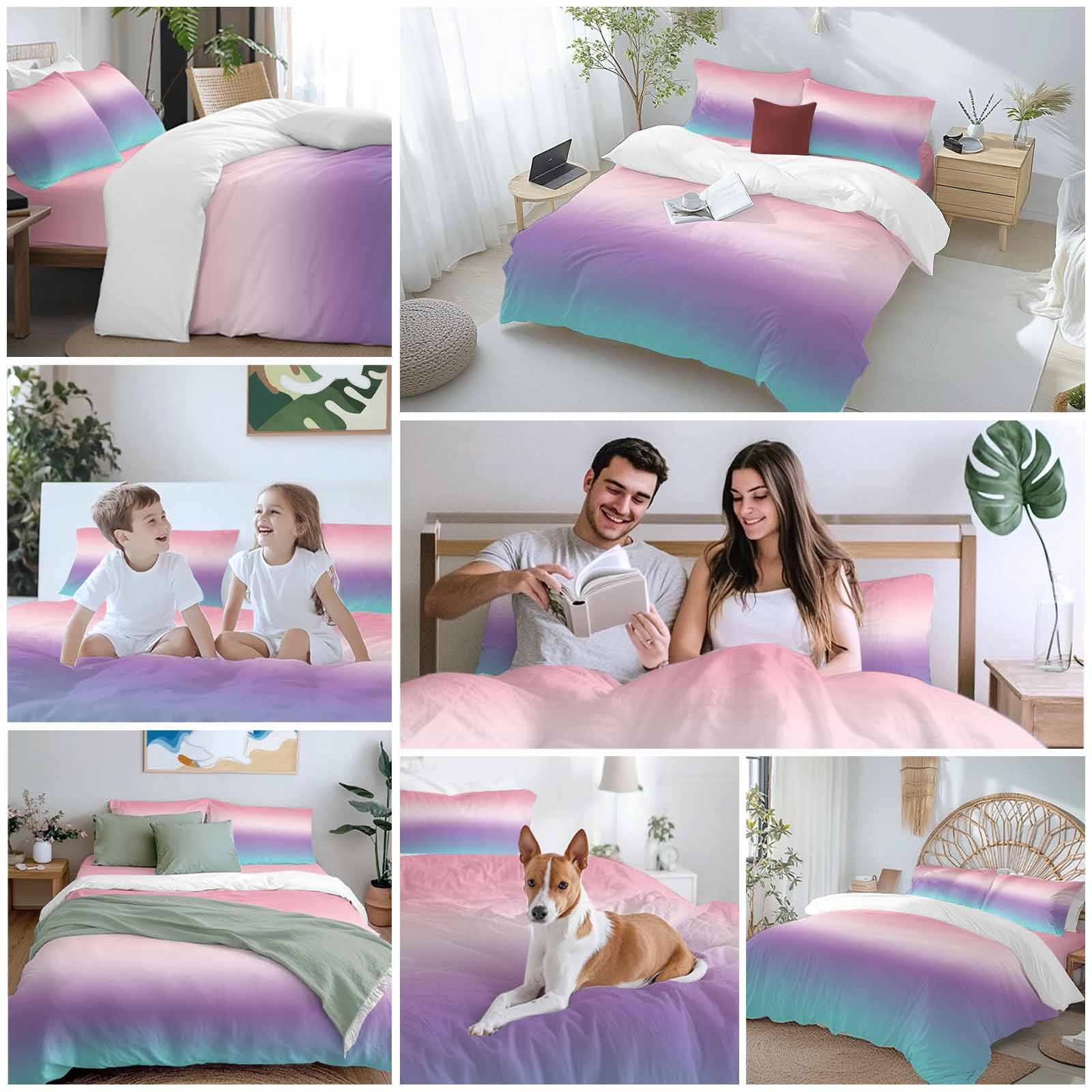 Purple Pink Duvet Cover Set King Size, Teal Gradient 4 Piece Soft Microfiber Bedding Set with 1 Duvet Cover, 1 Flat Sheet, 2 Pillowcases