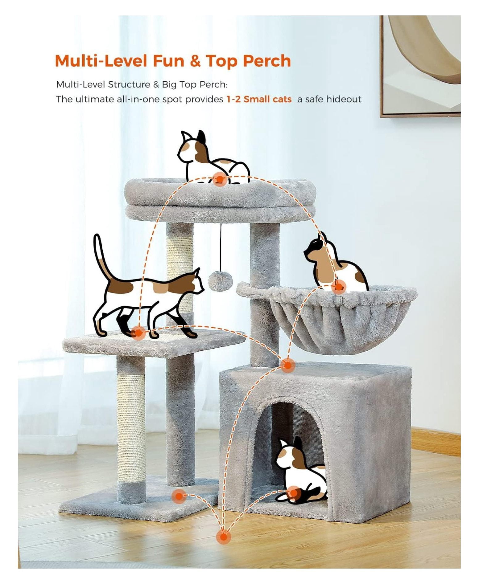 Small Cat Tree 28.5'', Cat Tower for Indoor Cats, 2 Styles Activity Center with Scratching Posts, Hammock & Perch - Grey