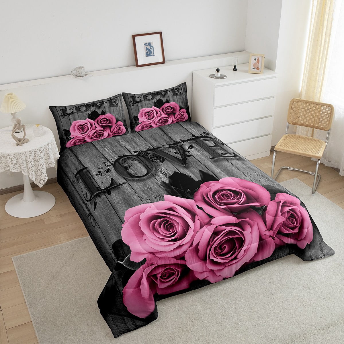 Erosebridal Pink Rose Bedding Set Queen Pink Grey Floral Comforter Set Valentine'S Day Wedding Bed Comforter Gifts Teen Women,Blossom Flower Quilt Duvet Rustic Farmhouse Room Decor 3 Pcs