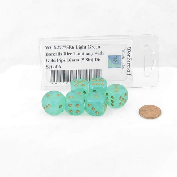 Light Green Borealis Dice Luminary with Gold Pips 16mm (5/8in) D6 Set of 6 Wondertrail