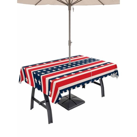Outdoor Tablecloth with Umbrella Hole for Patio/Picnic/Party/Camping, 4th of July Waterproof Table Cloth Rectangle Table Cover Washable, Independence Day Patriotic Red Blue Stars Stripe (54"x 80")