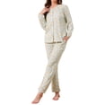 thumbnail image 2 of Conjunto de Pijamas para Mujeres de Manga Larga de Algodón, Botones, Cuello en U, Flores Lindas, Ropa de Casa de 2 Piezas con Bolsillo, Verde Floral, 2 of 5