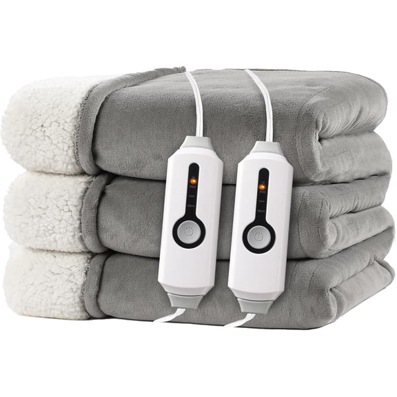 Electric Heated Blanket Queen Size 84"x90" - Dual-Sided with Microplush & Sherpa Fabric, 4 Heat Settings & 10 Hours Auto Off, Machine Washable - Light Gray