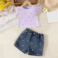 thumbnail image 5 of ITSAME Girls Summer Outfits 2-Piece Ruffle Sleeve Ribbed Top and Denim Shorts Casual Clothes Set Purple Size 3-4, 5 of 9