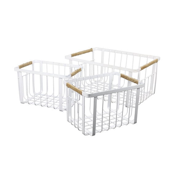 happimess BSK3003B-3SET Henley Vintage Farmhouse Handmade Wire Metal Nesting Storage Baskets with Jute Wrapped Handles, White (Set of 3)