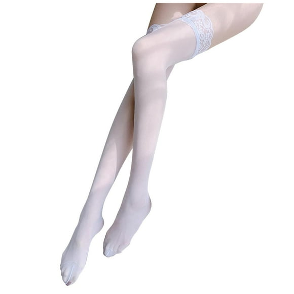 Lovskoo Women Girls One Pairs Thigh High Stockings Festival Extra Long Satin Lace Tights Silky Semi Sheer Stocks White