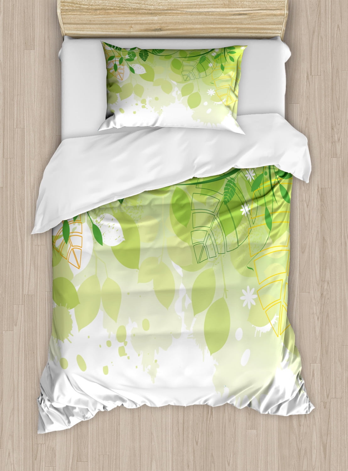 Green Leaf Duvet Cover Set, Flourishing Springtime Abstract Composition
