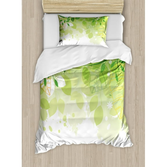 Green Leaf Duvet Cover Set Twin Size, Flourishing Springtime Abstract Composition with Leaves Fantasy Flora, Decorative 2 Piece Bedding Set with 1 Pillow Sham, Green Yellow White, by Ambesonne