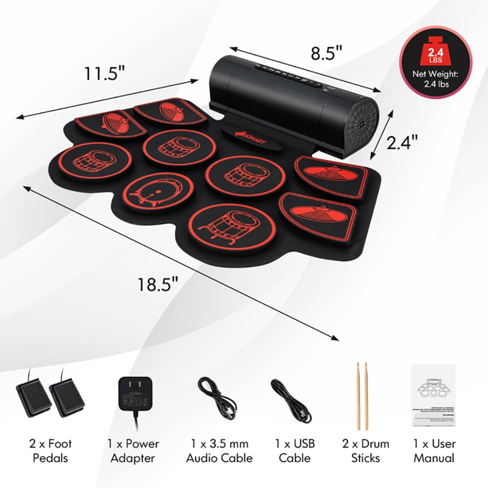 Spaco Electronic Drum Set with 2 Build-in Stereo Speakers for Kids, Roll-up Drum Pad for Kids, Great Holiday Xmas Perfect Birthday Gift, Red