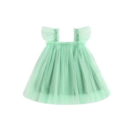 

Suanret Kids Toddler Girls Tulle Dress Fly Sleeve Solid Color Summer Dress Party Princess Dress Green 18-24 Months